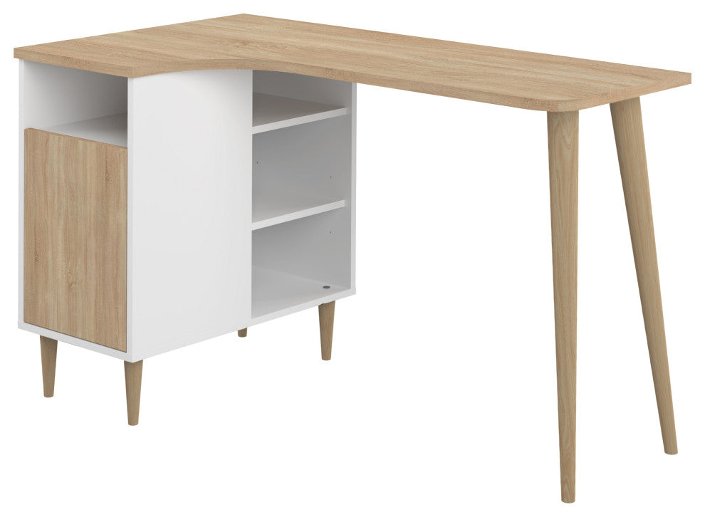 Modern White Small Home Desk With Shelves, White and Oak