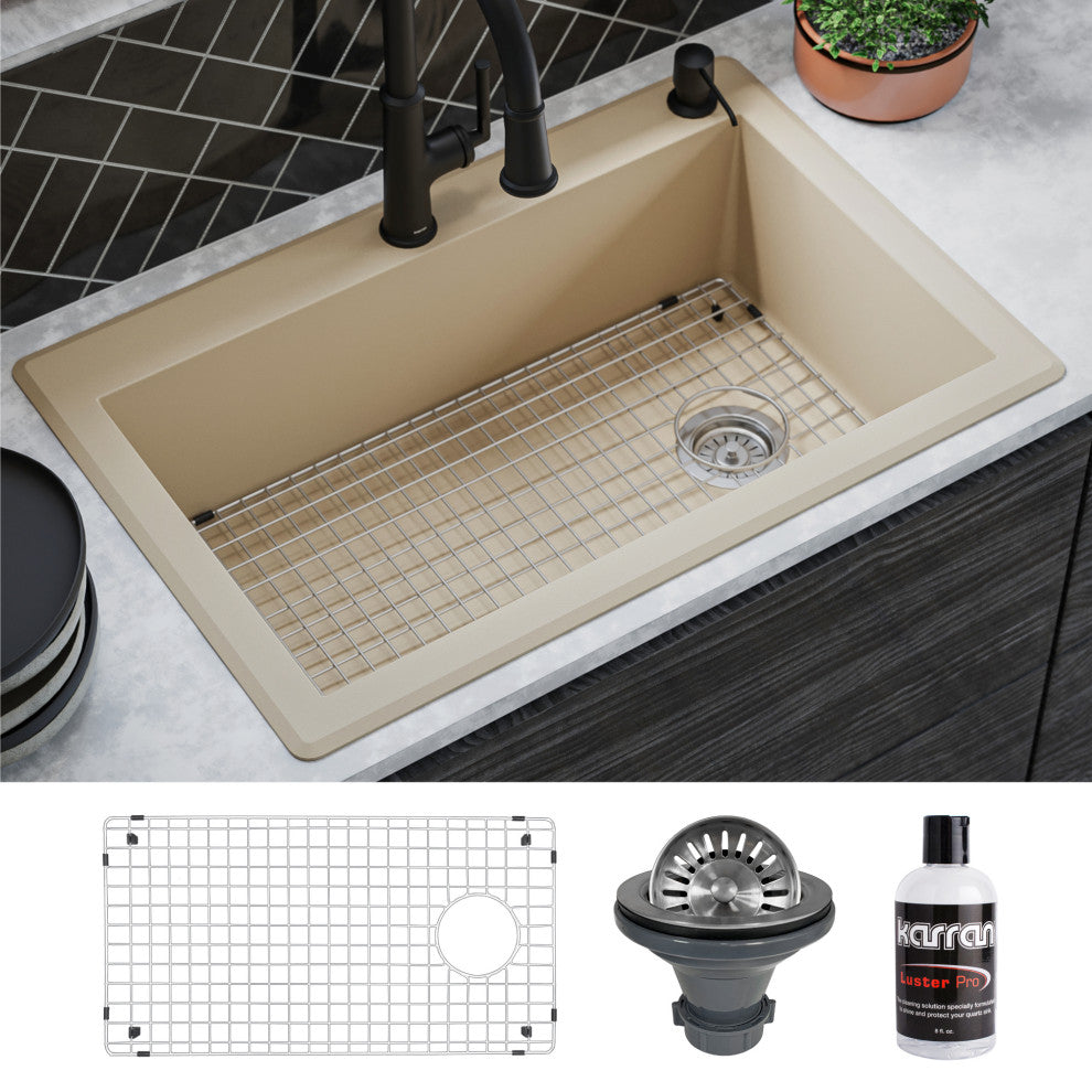 Karran Drop-In Quartz 33" 1-Hole Single Bowl Kitchen Sink Kit, Bisque