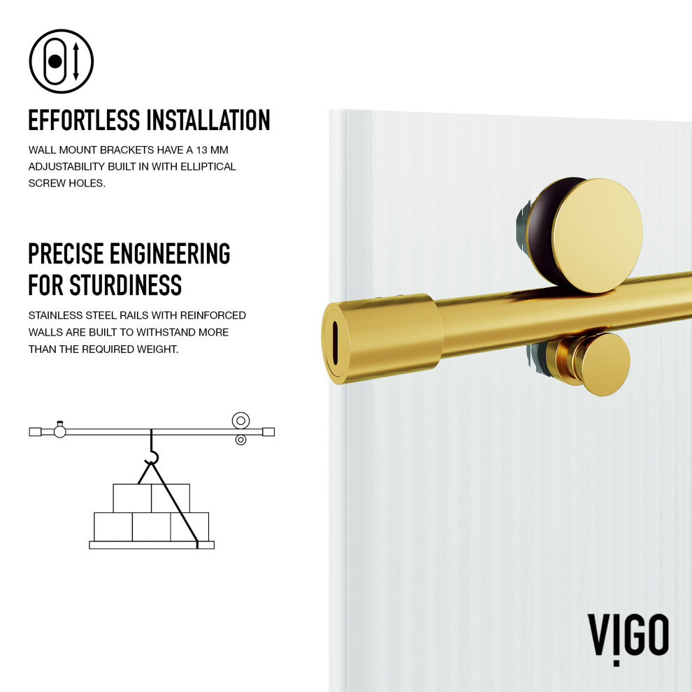 VIGO Elan E-Class 56" to 60" W x 76" H Frameless Sliding Shower Door, Matte Brushed Gold, Fluted Glass, Right