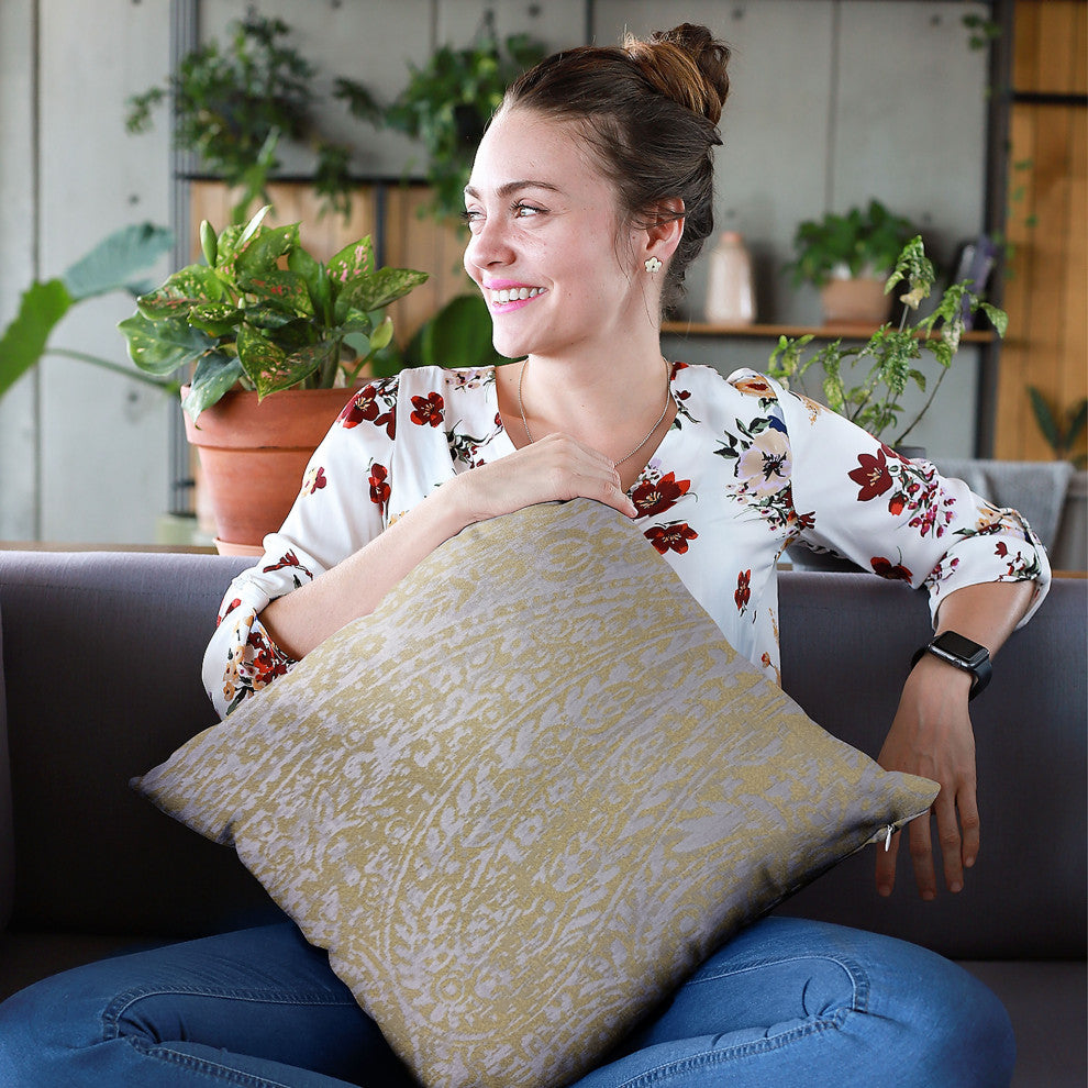 Plutus Yellow Golden Leaf Jacquard Luxury Throw Pillow, 16"x16"