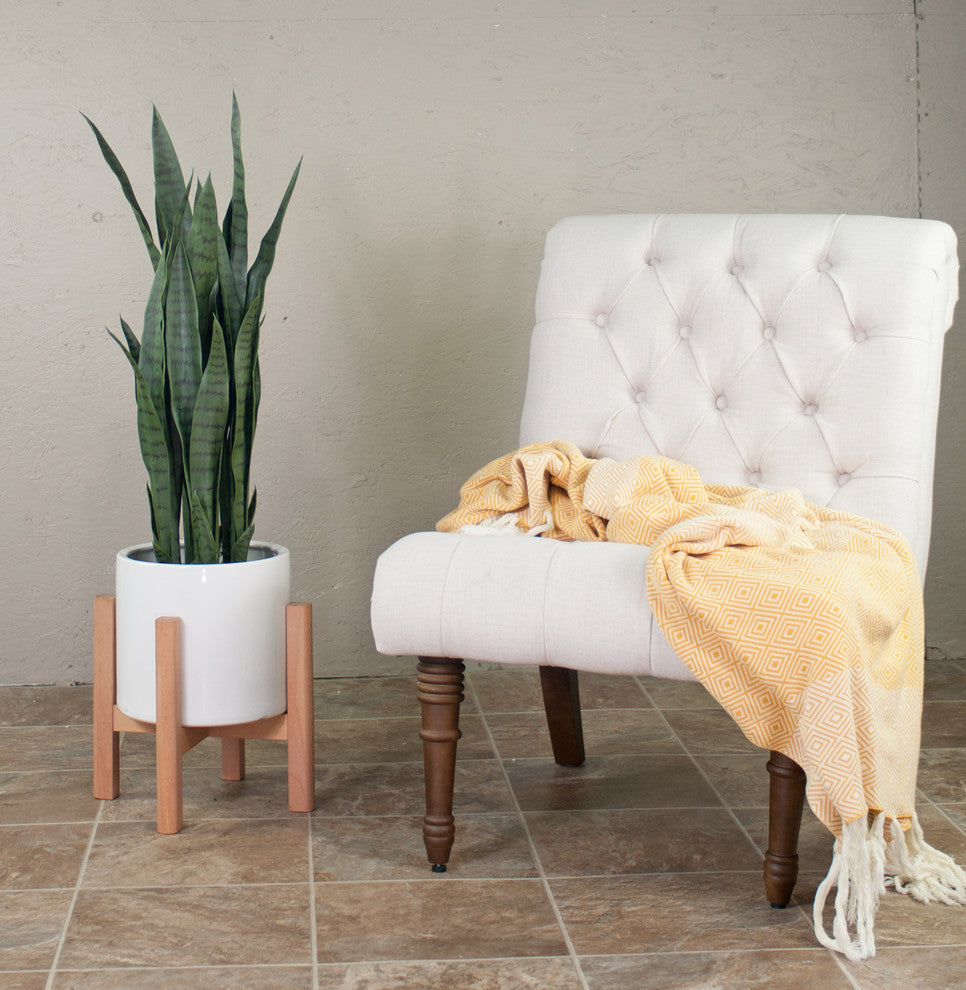 Large Ceramic Planter Cylinder Pot 10'''' White With Plant Stand Natural Color