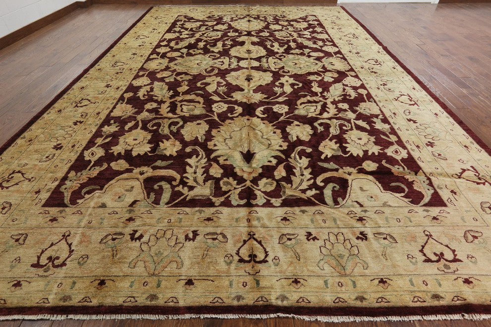 Palace Size Burgundy Peshawari Chobi Hand-Knotted Oushak Wool Rug, 12'x18'