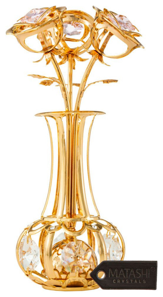 24k Gold Plated Flowers Bouquet and Vase With Pink-Clear Crystals Home Decor
