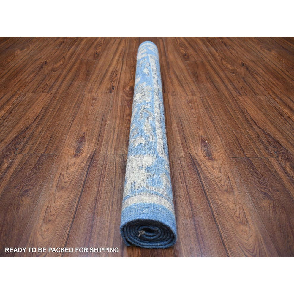 Blue Angora Oushak Bold Colors Leaf Design, Hand Knotted Wool Rug, 4'0"x6'0"