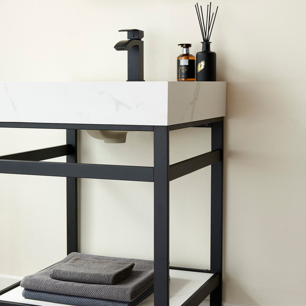Funes Bath Vanity with Mirror, Matte Black Support, 24'''', White Stone Top