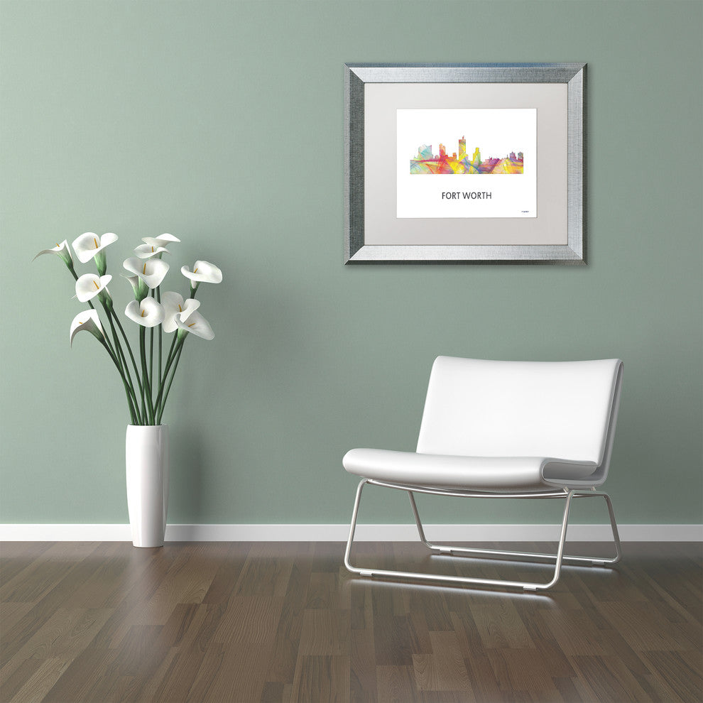'Fort Worth Texas Skyline Wb 1' Framed Art, Silver Frame, White Matte, 14x11