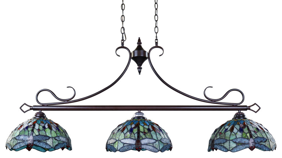 Empress Dragonfly Tiffany-Style Dark Bronze 3 Light Island Pendant 48" Wide