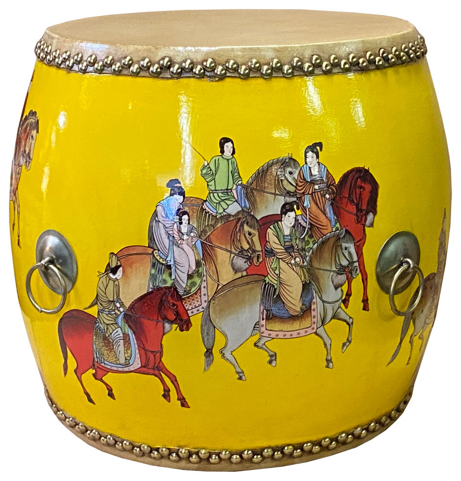Handmade Small Round Low People Horses Graphic Drum Shape Table Hcs7415
