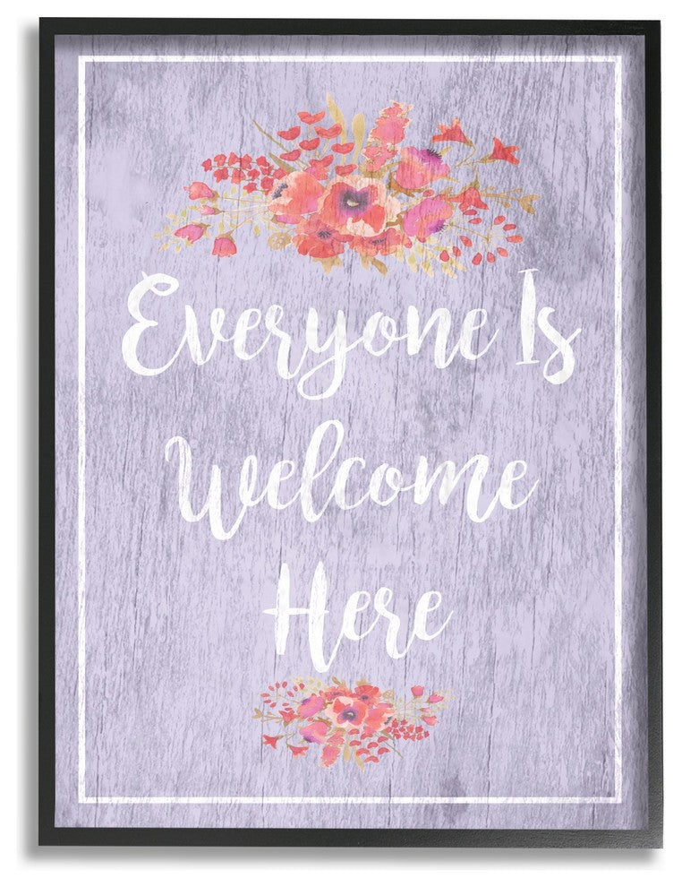 Everyone Is Welcome Here Purple Floral Framed Giclee Texturized Art, 11"x14"