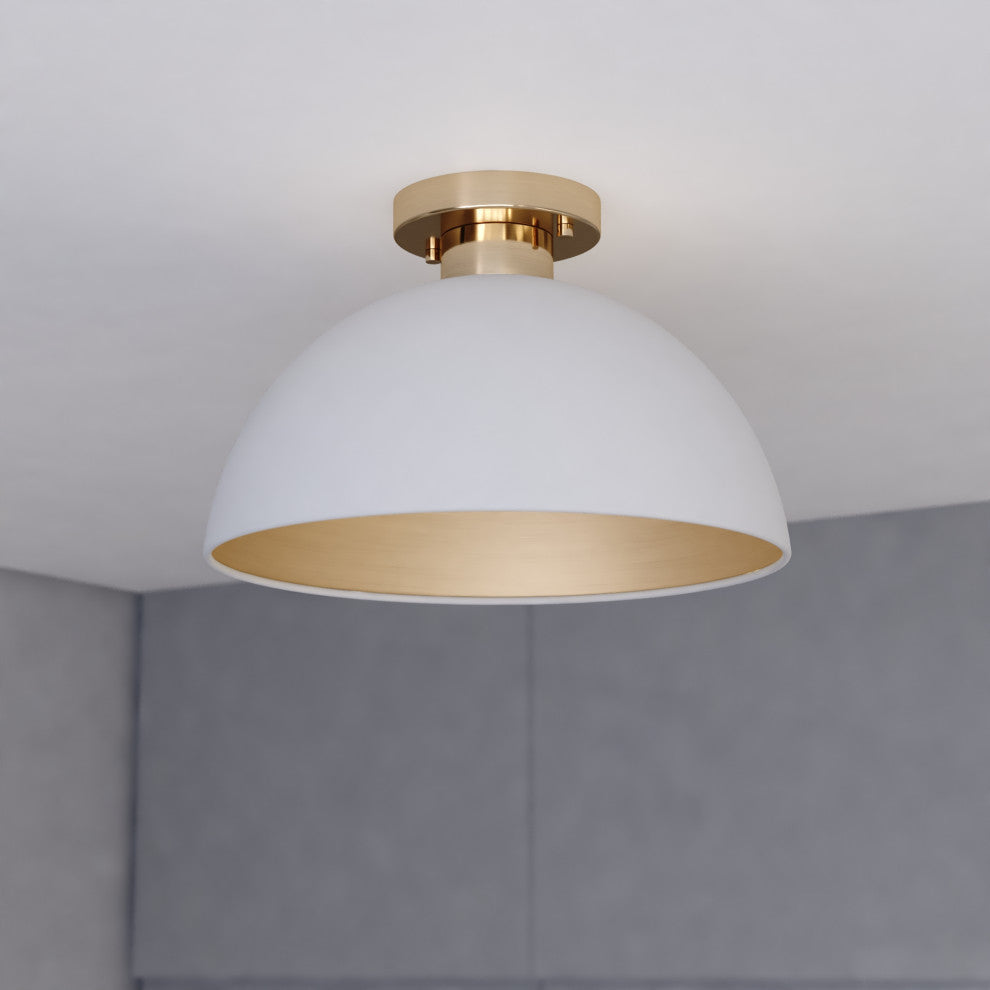 Devon Mid-Century Modern Semi Flush Mount Ceiling Light, Glossy White and Satin Brass