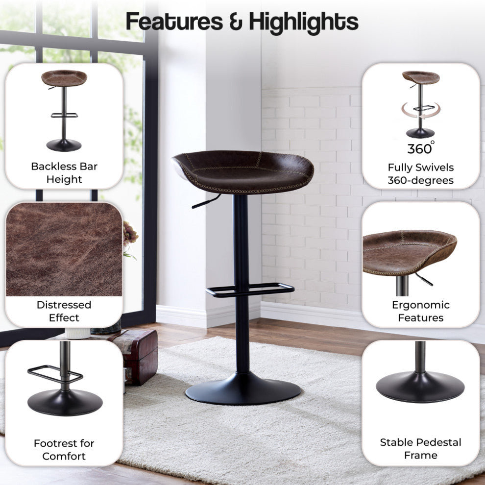 Rogue PU Gaslift Bar Stool, Set of 2, Vintage Coffee Brown