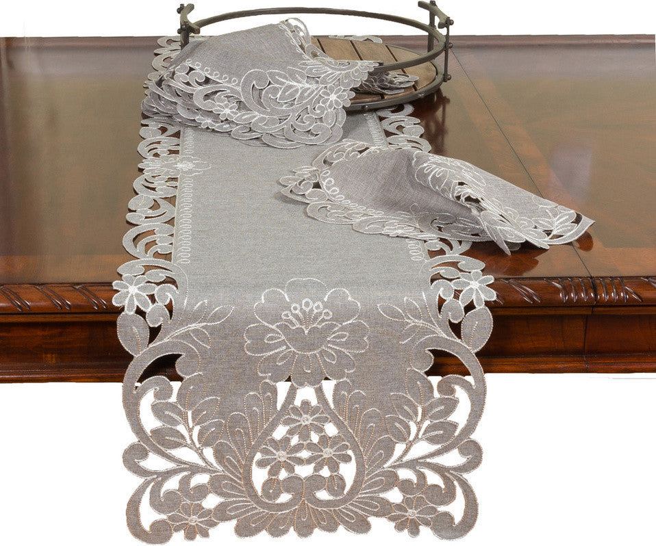 Claire Floral Embroidered Cutwork Placemats, Gray, 16" Round, Set of 4
