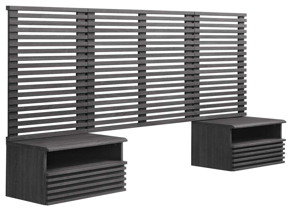 Render Wall Mount Twin Headboard and Modern Nightstands, Charcoal
