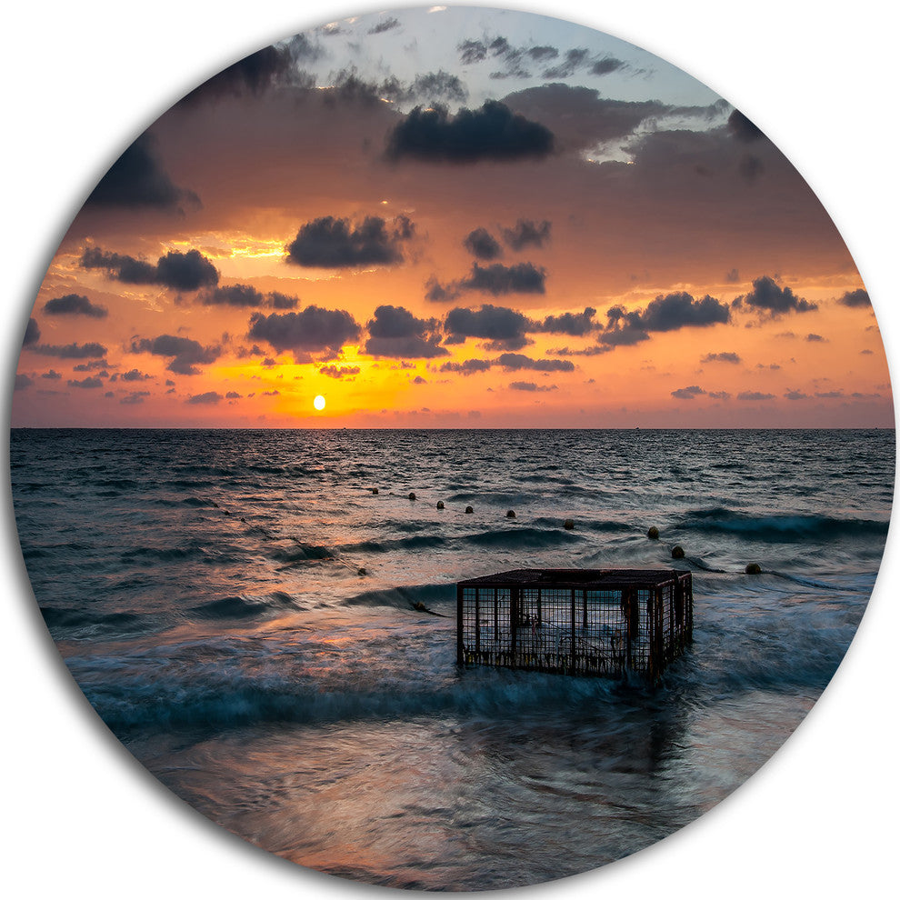 Tropical Beach With Empty Cage, Seashore Large Disc Metal Wall Art, 23"