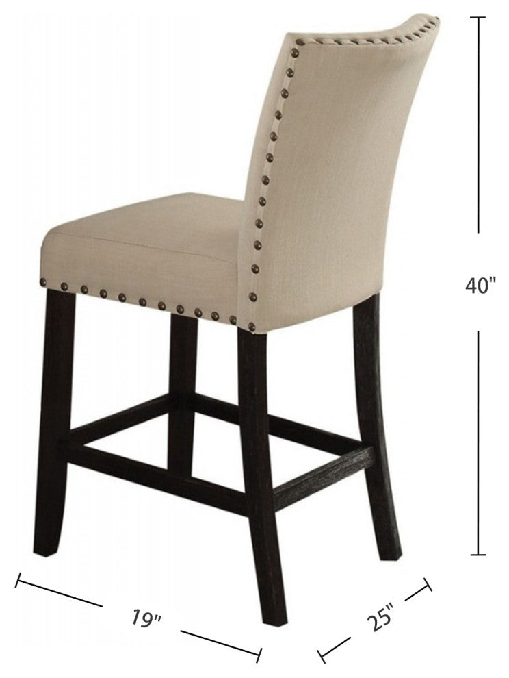 Set of 2 Beige Linen Counter Height Chair, Salvage Dark Oak Finish