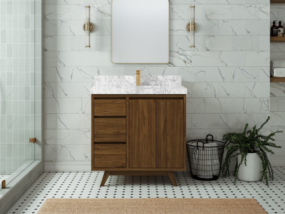 Madison Teak 36 Center Sink Bath Vanity in Dark Natural 2" Carrara Marble