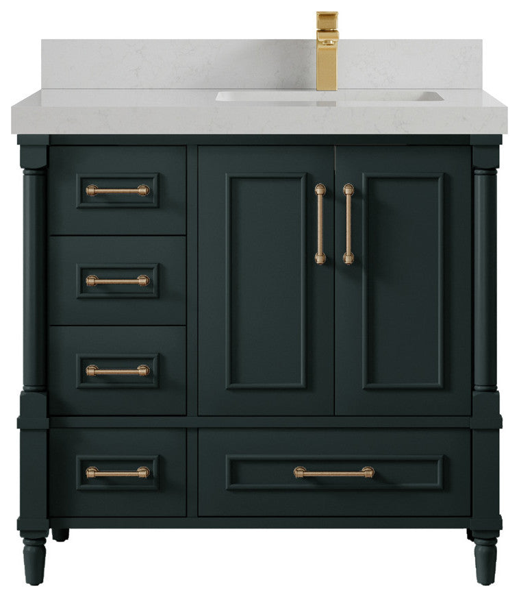 Aberdeen 36 Right Offset Bath Vanity in Dark Forest Green 2" Carrara Quartz