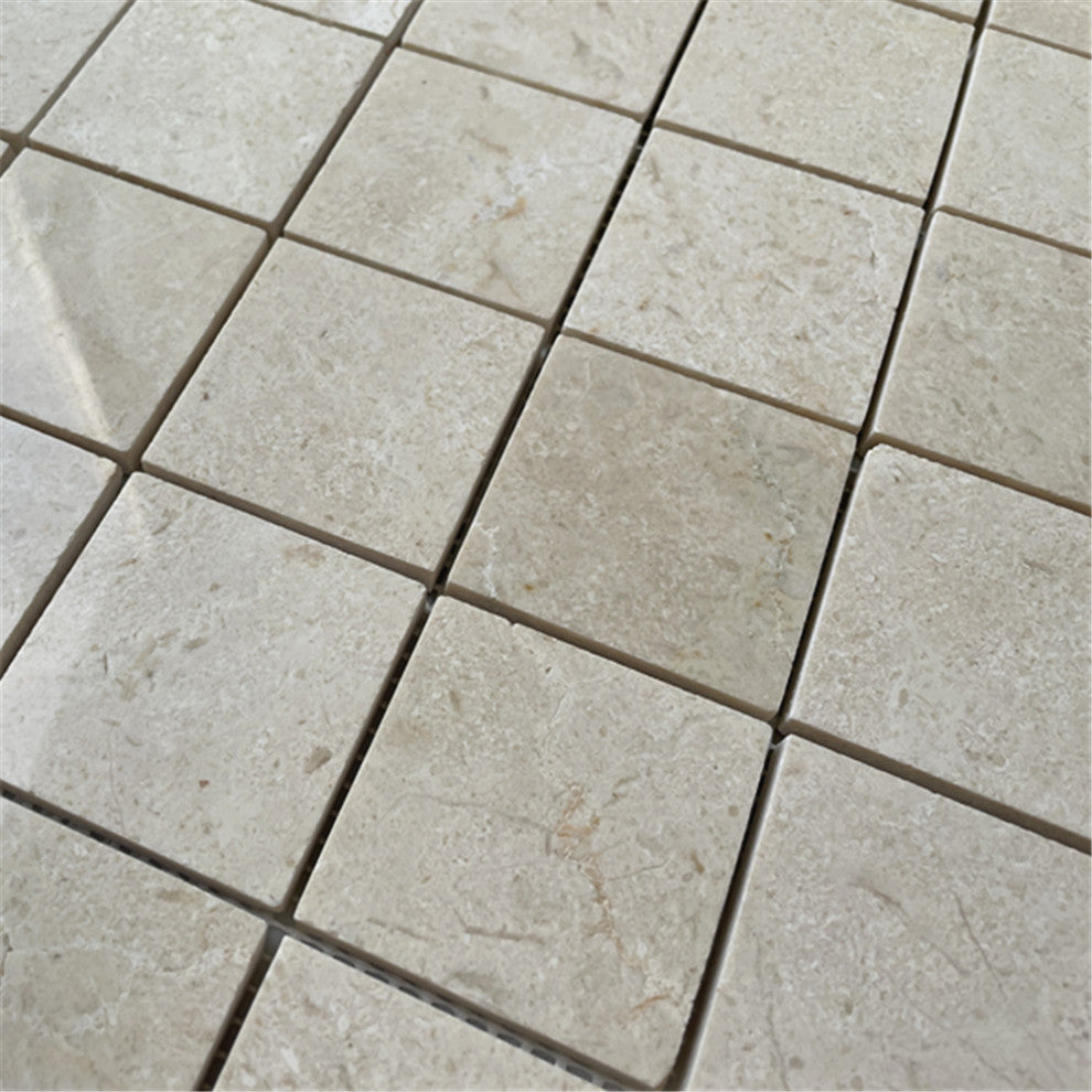 Crema Marfil Beige Marble 2x2 Grid Square Mosaic Tile Polished, 1 sheet