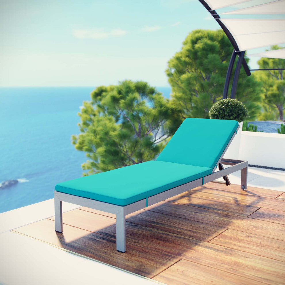 Lounge Chair Chaise, Aluminum, Metal, Silver Blue, Modern, Outdoor Patio Cafe
