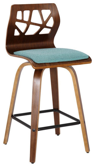 Folia Mid-Century Modern Counter Stool in Walnut Wood and Teal Fabric - Set of 2