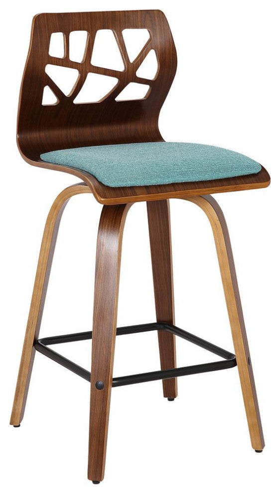 Folia Mid-Century Modern Counter Stool in Walnut Wood and Teal Fabric - Set of 2