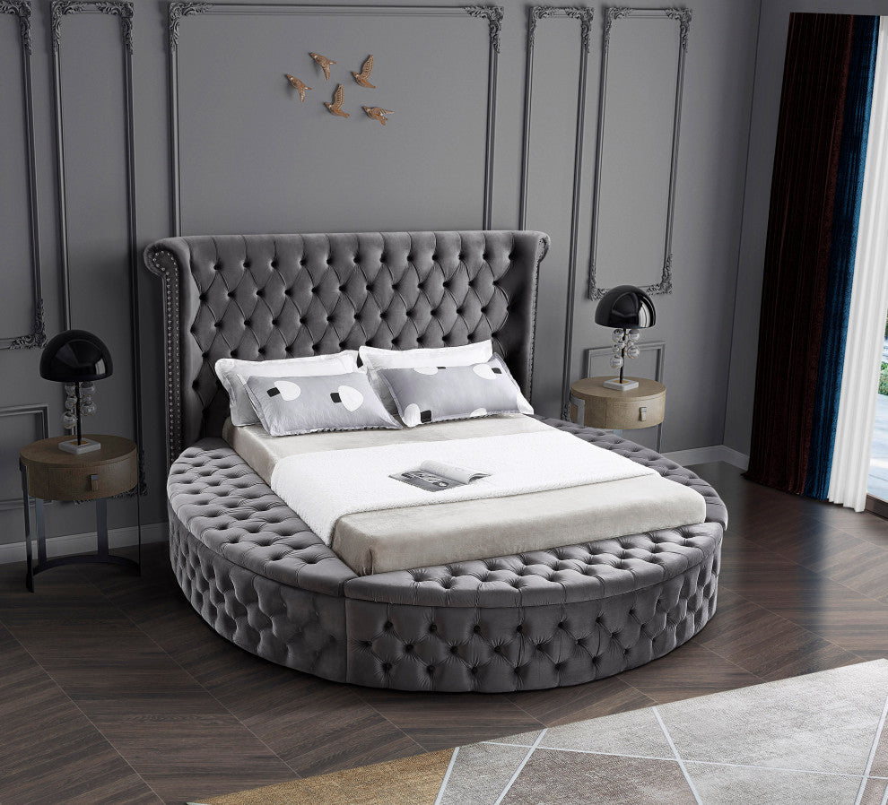 Luxus Button Tufted Velvet Round Bed, Gray, Full