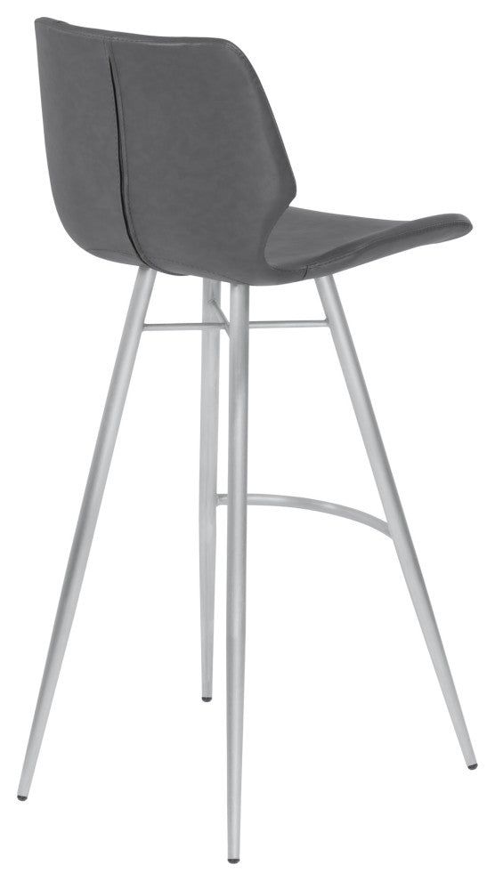 30" Bar Height Metal Barstool In Gray Faux Leather, Brushed Stainless Steel