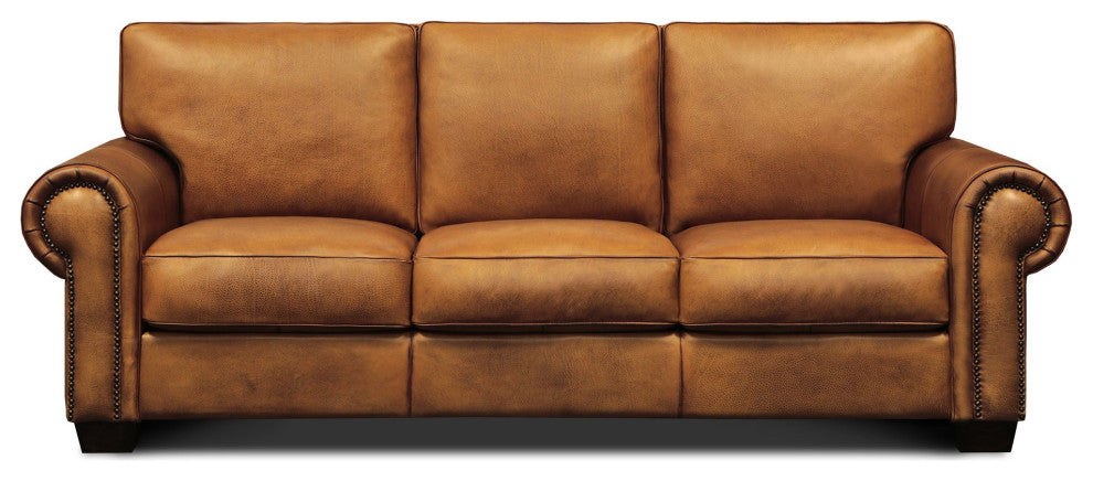 Valencia 100% Top Grain Hand Antiqued Leather Traditional Sofa, Tan