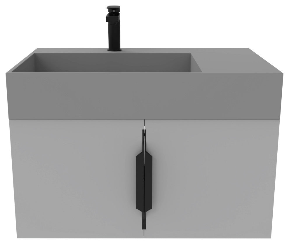CastelloUSA Amazon 30" Left Wall Mounted Bathroom Vanity Set, Gray, Gray Top, Black Handles