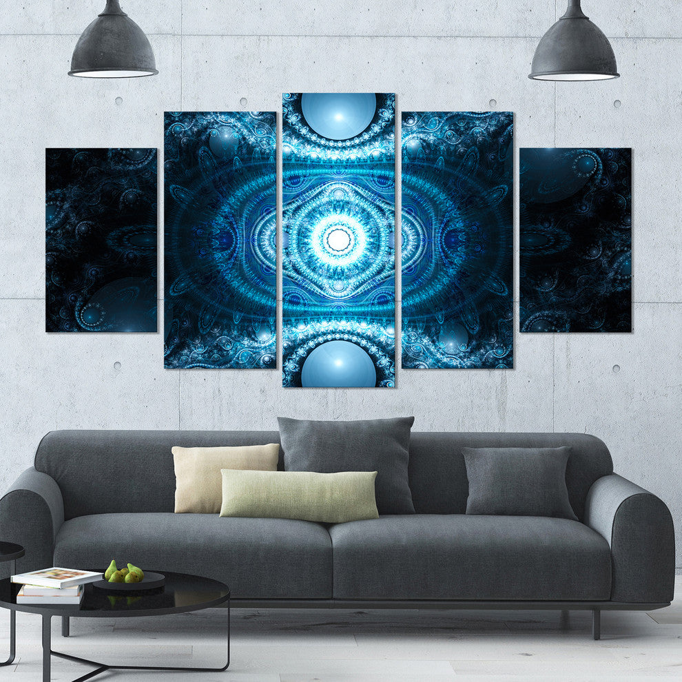 Cabalistic Light Blue Pattern, Contemporary Canvas Art Print, 60"x32", 5 Panels