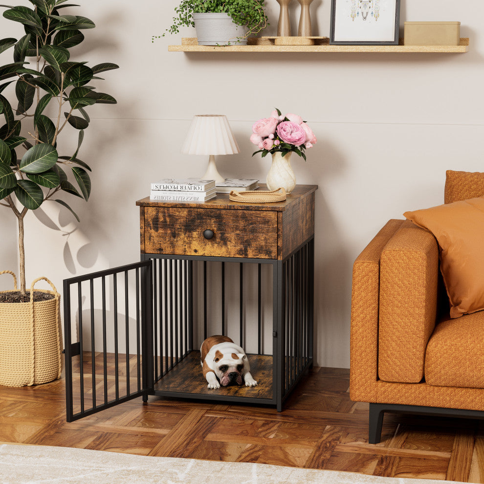 TATEUS Decorative Dog Crate with Drawer & End Table for Small Dogs, Brown