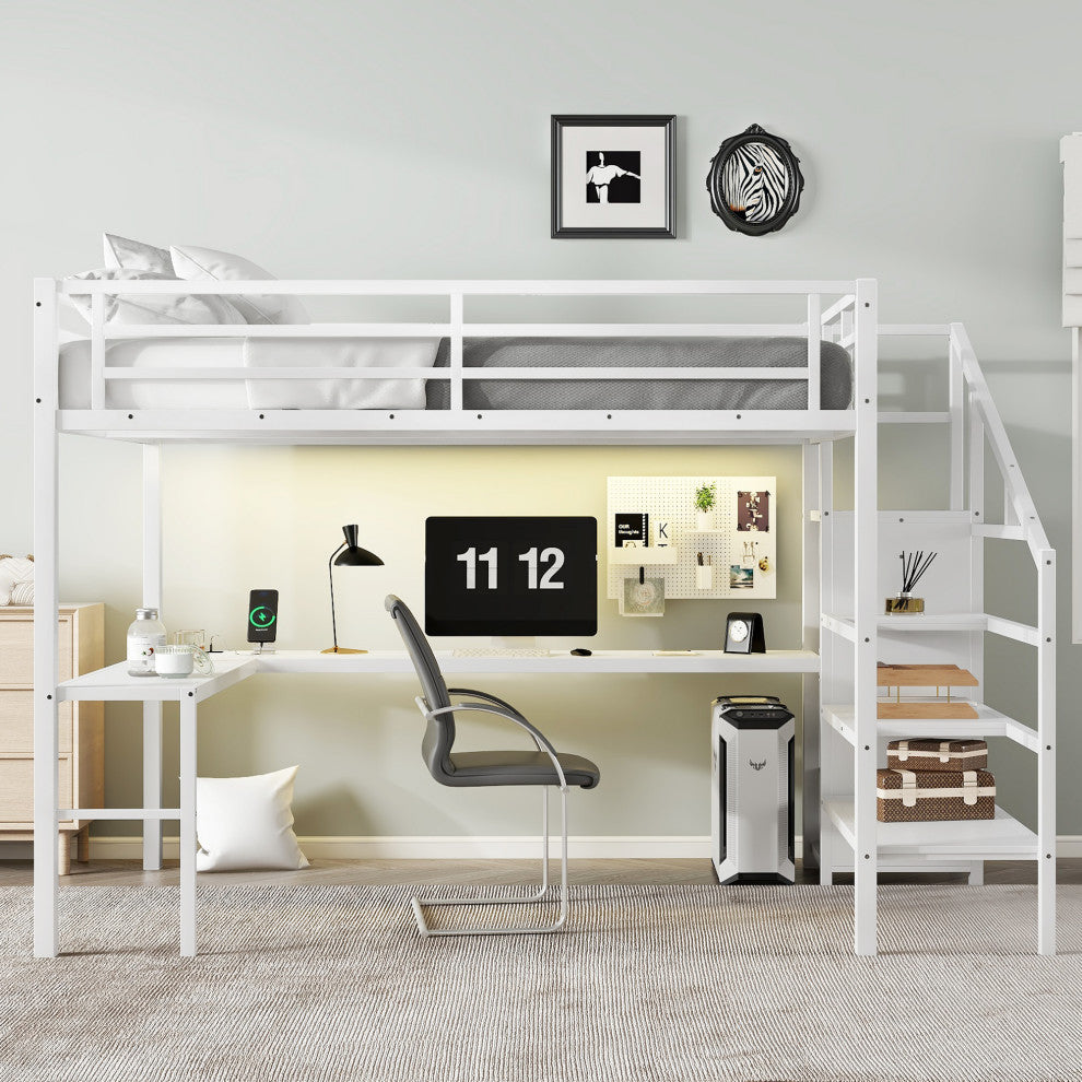 Gewnee Queen Size Loft Bed with L-shaped Desk and USB