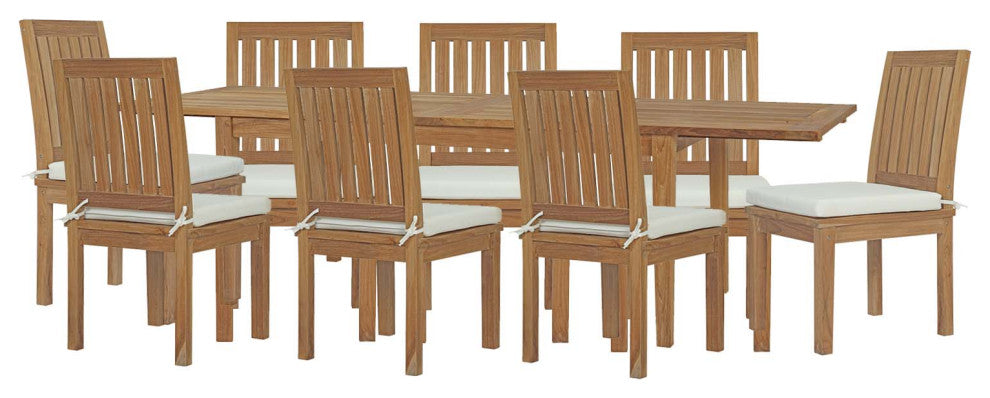 Side Dining Chair and Table Set, Wood, Brown Natural White, Modern, Outdoor
