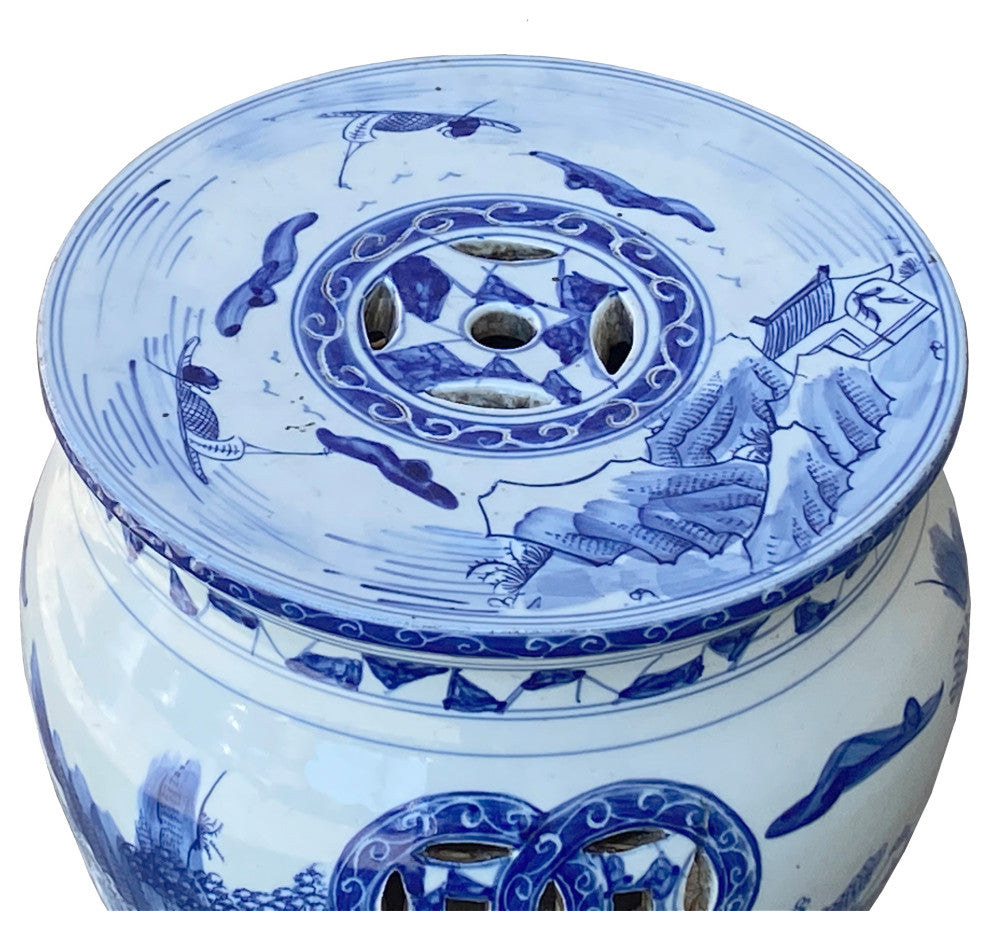 Chinese Blue and White Porcelain Mountain Tree Small Round Stool Table Hcs7405
