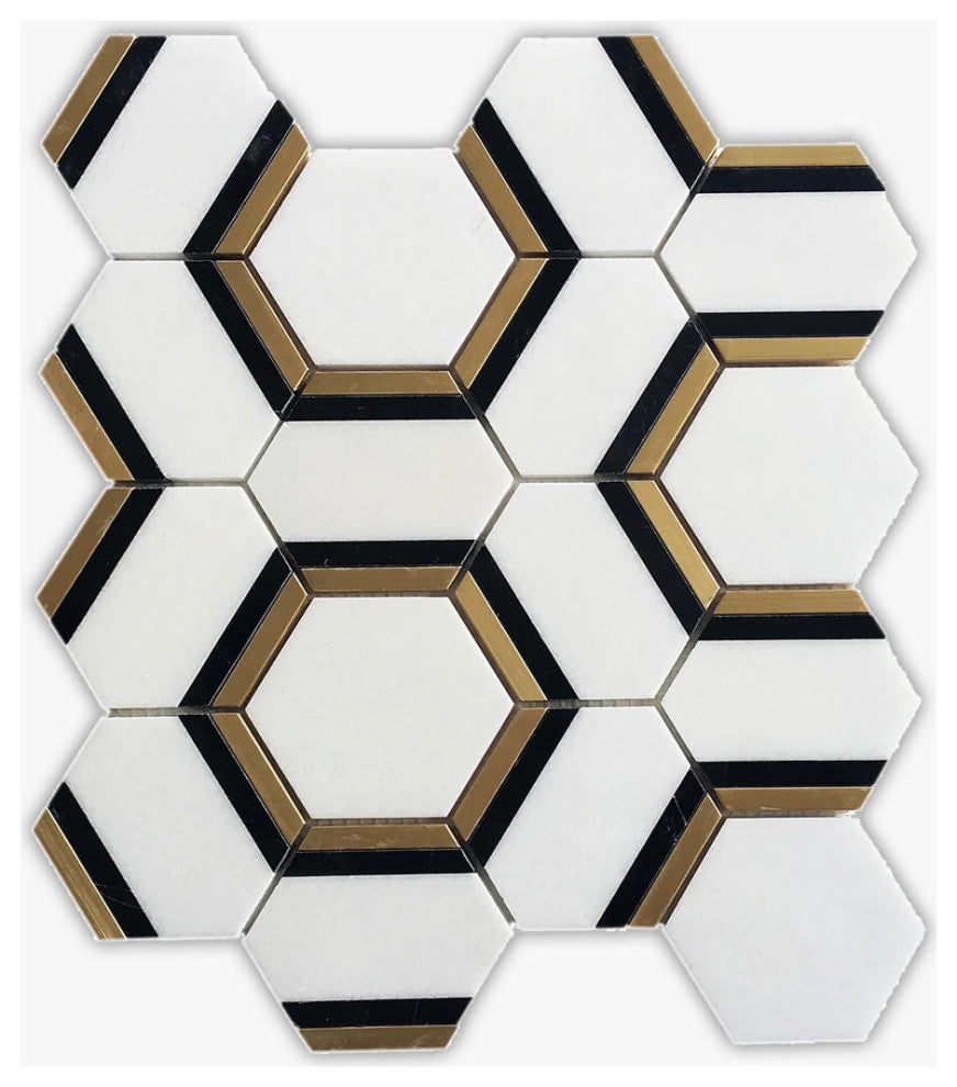Neromarquina and Thassos and Brass Polished 3" Hexagon Marble Mosaic