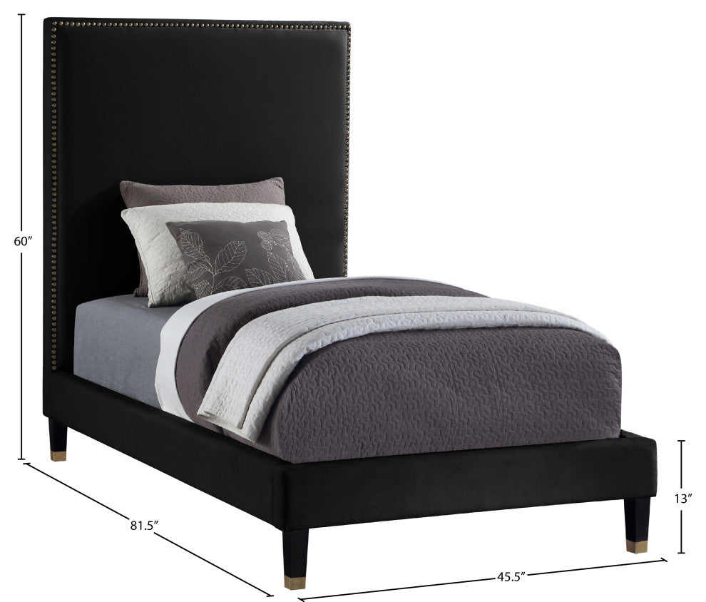 Harlie Velvet Upholstered Bed, Black, Twin