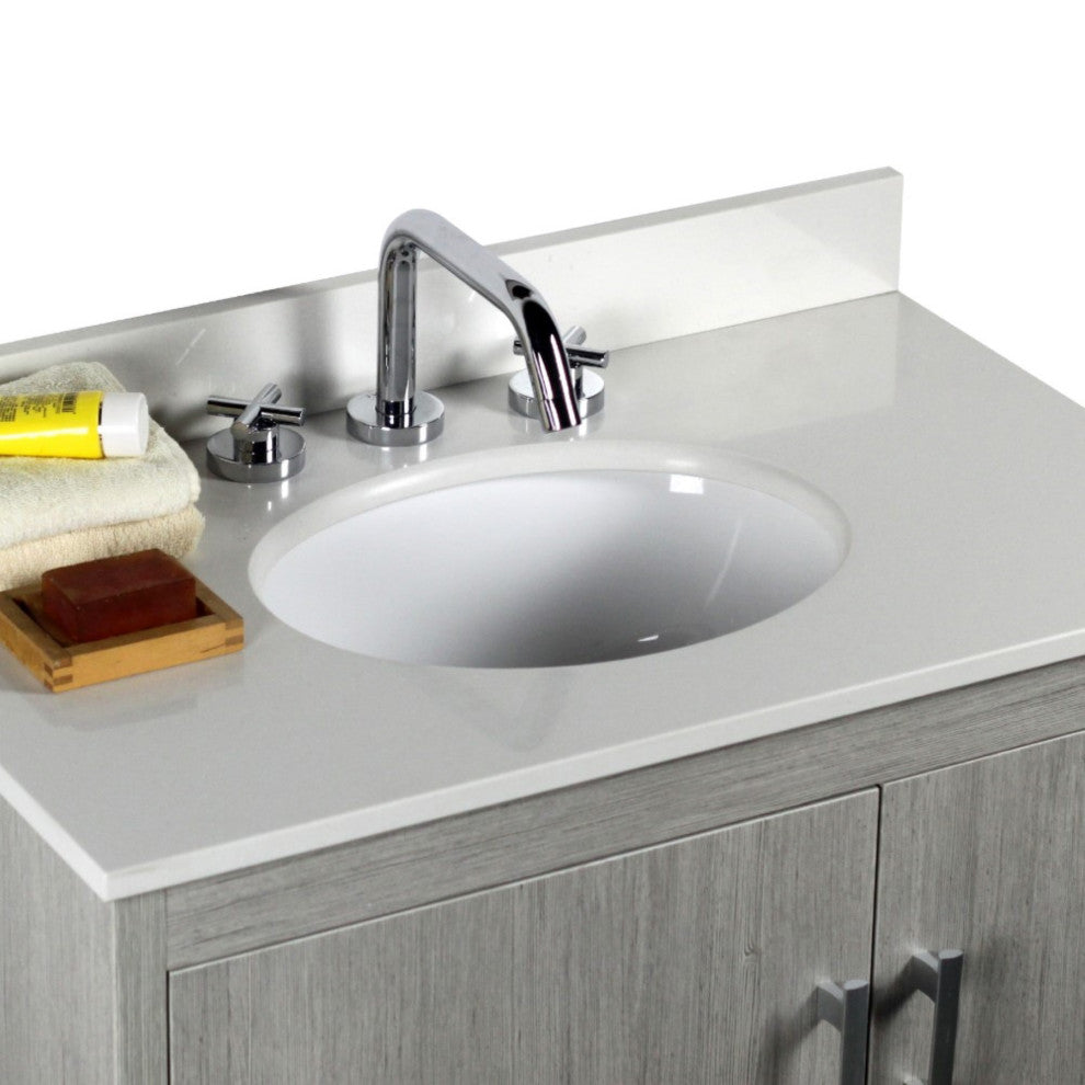 31" Single Vanity, Gray Pine Finish Top With Engineered Stone Top and Oval Sink