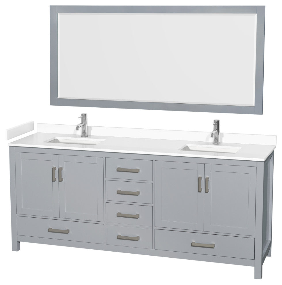 80"DBL Bathroom Vanity, Gray, White Cult. Marble Countertop, Sinks, 70" Mirror