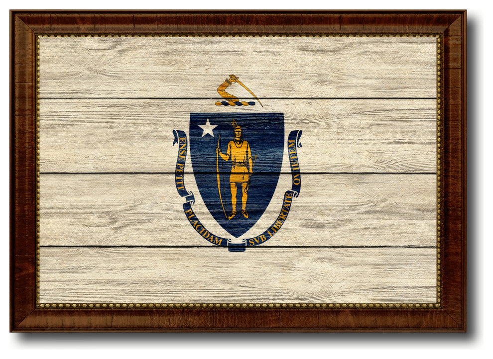 Massachusetts State Textured Flag Print With Brown Gold Frame, 23"X33"