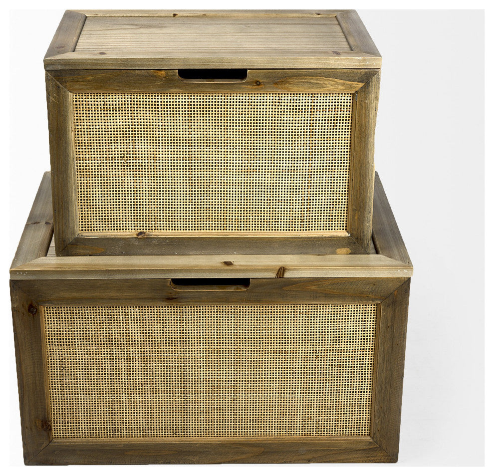 Set of Two Wood and Cane Storage Boxes