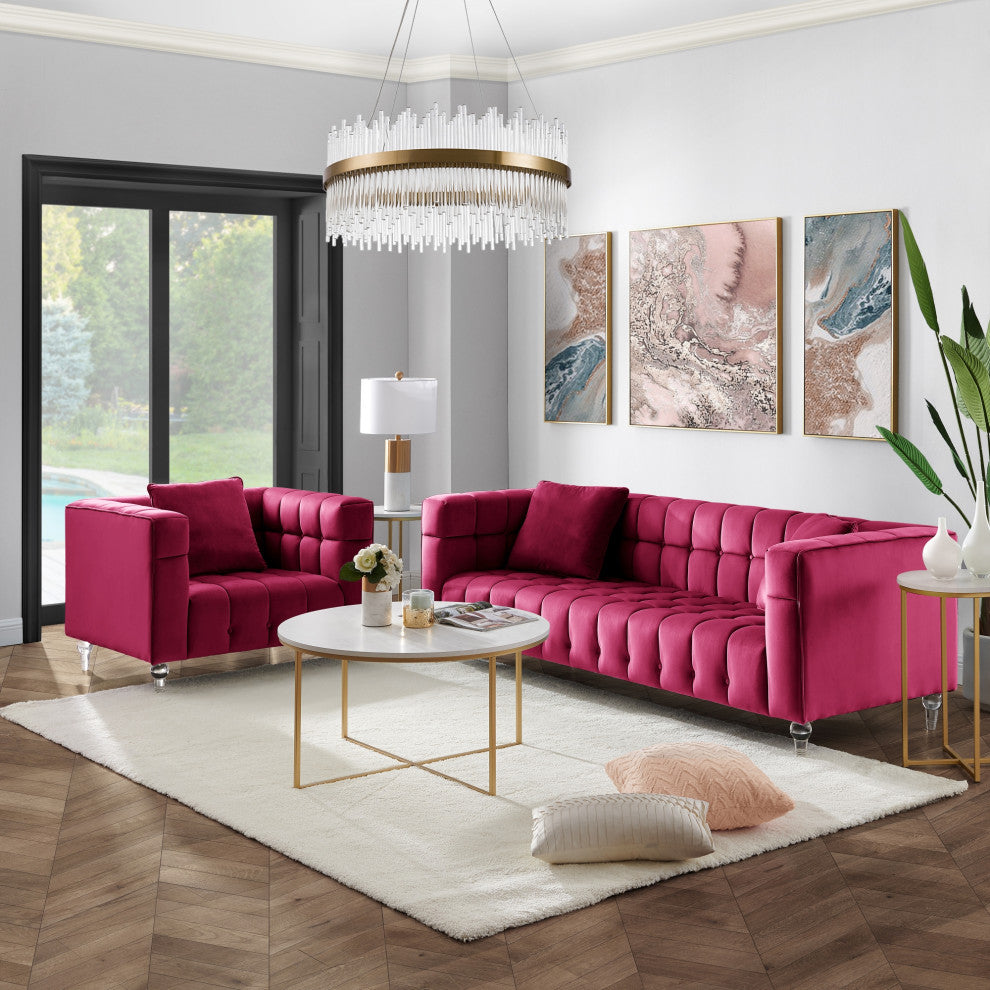 Inspired Home Iker Sofa Biscuit Tufted, Velvet, Fuchsia
