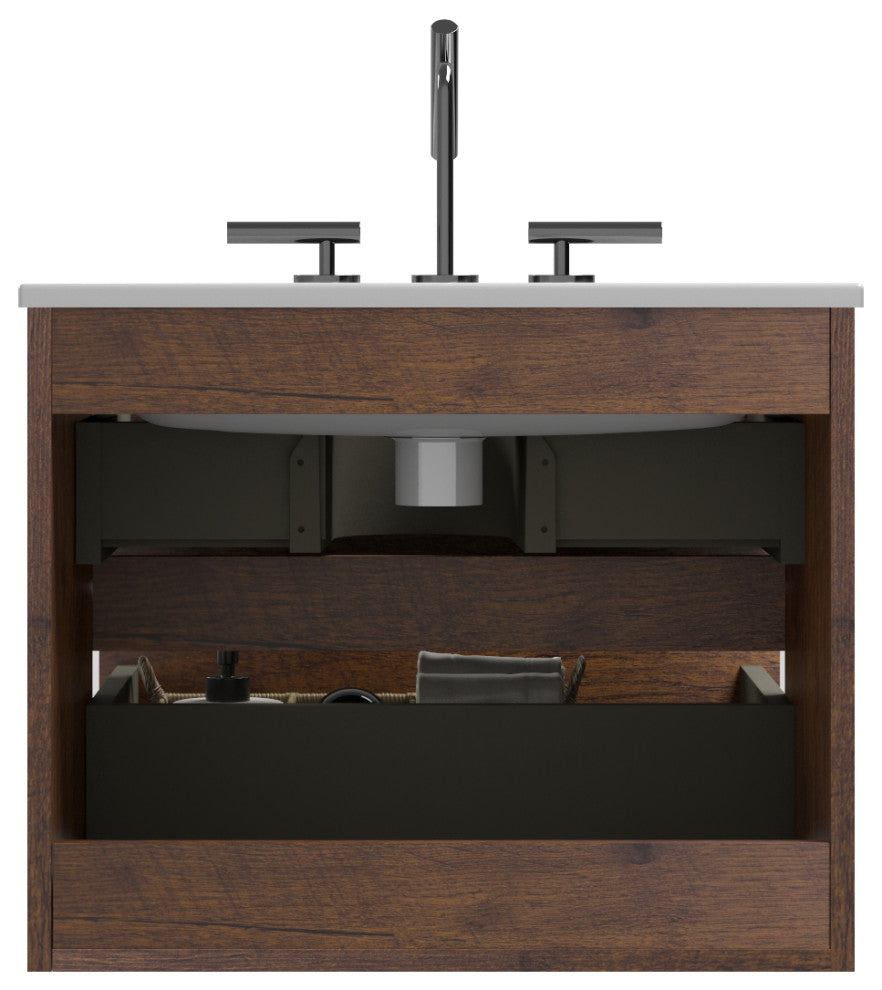 Wall-Mounted Bathroom Vanity Set with Ceramic Sink with three faucet holes, Walnut, 24"