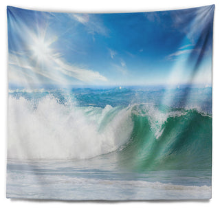 White and Blue Waves under Sun Seascape Wall Tapestry, 92"x78"
