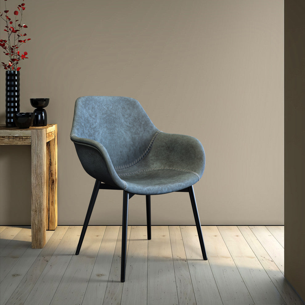 LeisureMod Markley Leather Dining Armchair Metal Legs Set of 2, Peacock Blue