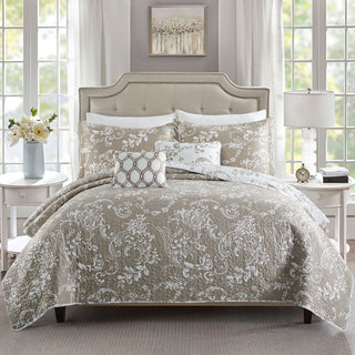 LA Boheme 5 Piece Printed Bed Spread Set, Taupe, Queen