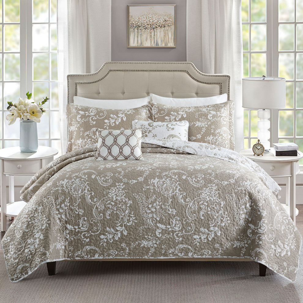 LA Boheme 5 Piece Printed Bed Spread Set, Taupe, Queen