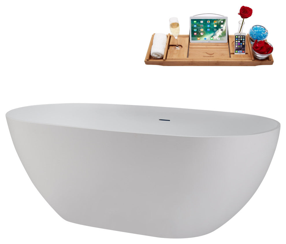 59" Streamline NS5860CH Matte White Stone Resin Bathtub, Tray With Chrome Drain