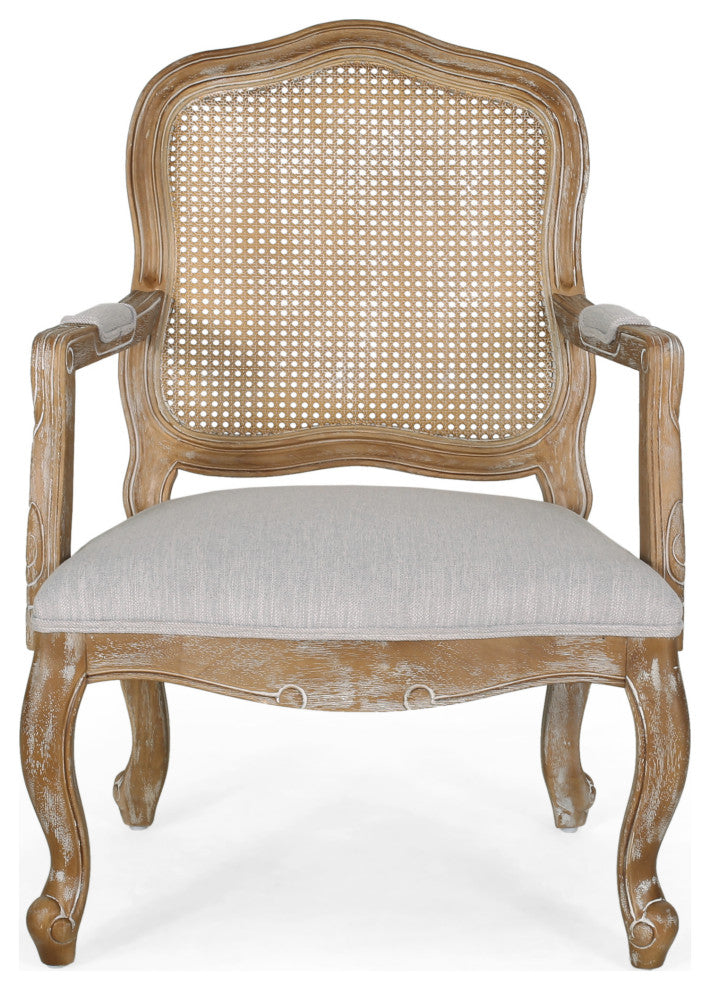 Absaroka French Country Fabric Wood and Cane 5-Piece Dining Set, Natural/Light Gray