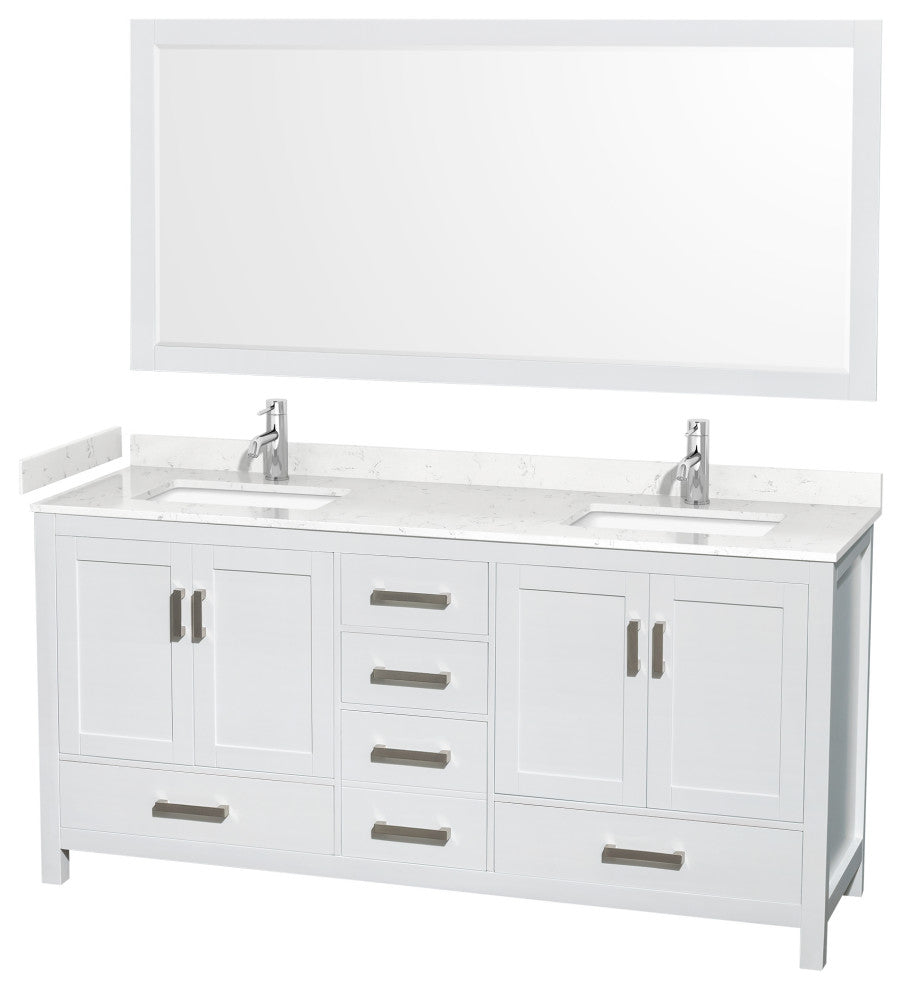 72"DBL Bathroom Vanity White, Carrara Cult. Marble Countertop, Sinks, 70" Mirror