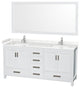 72"DBL Bathroom Vanity White, Carrara Cult. Marble Countertop, Sinks, 70" Mirror